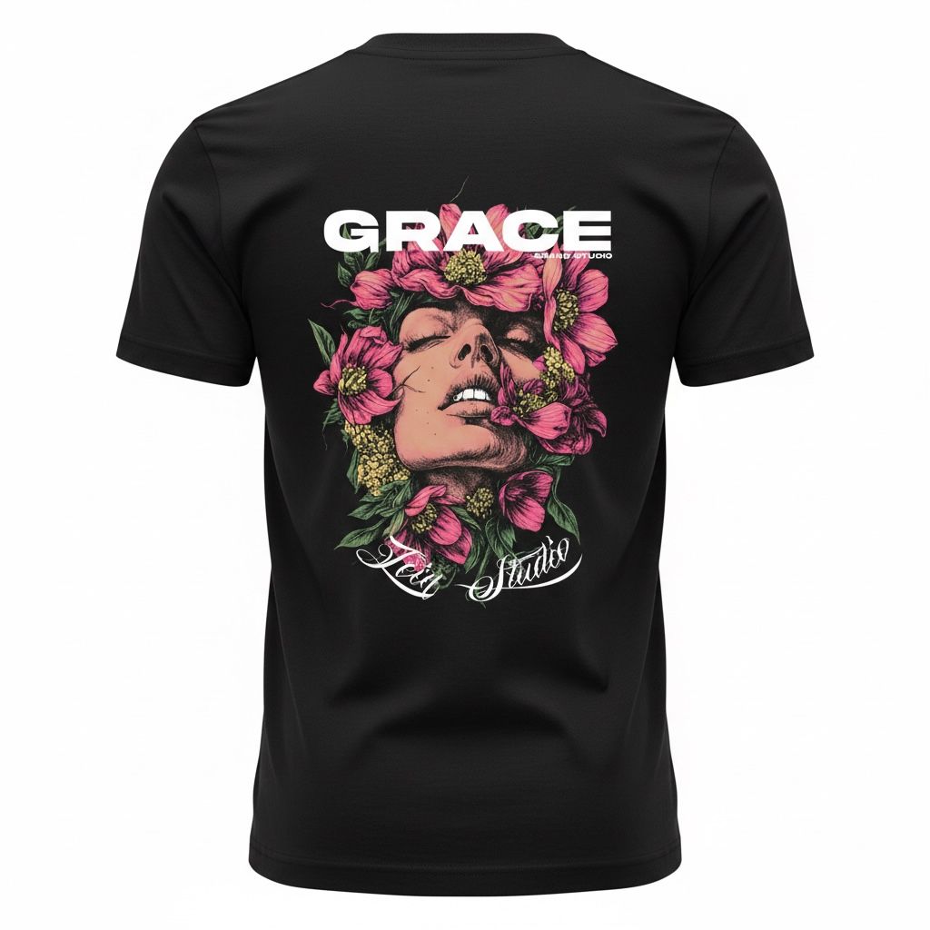 Black T-Shirt Grace Flower Face Graphic Back Print