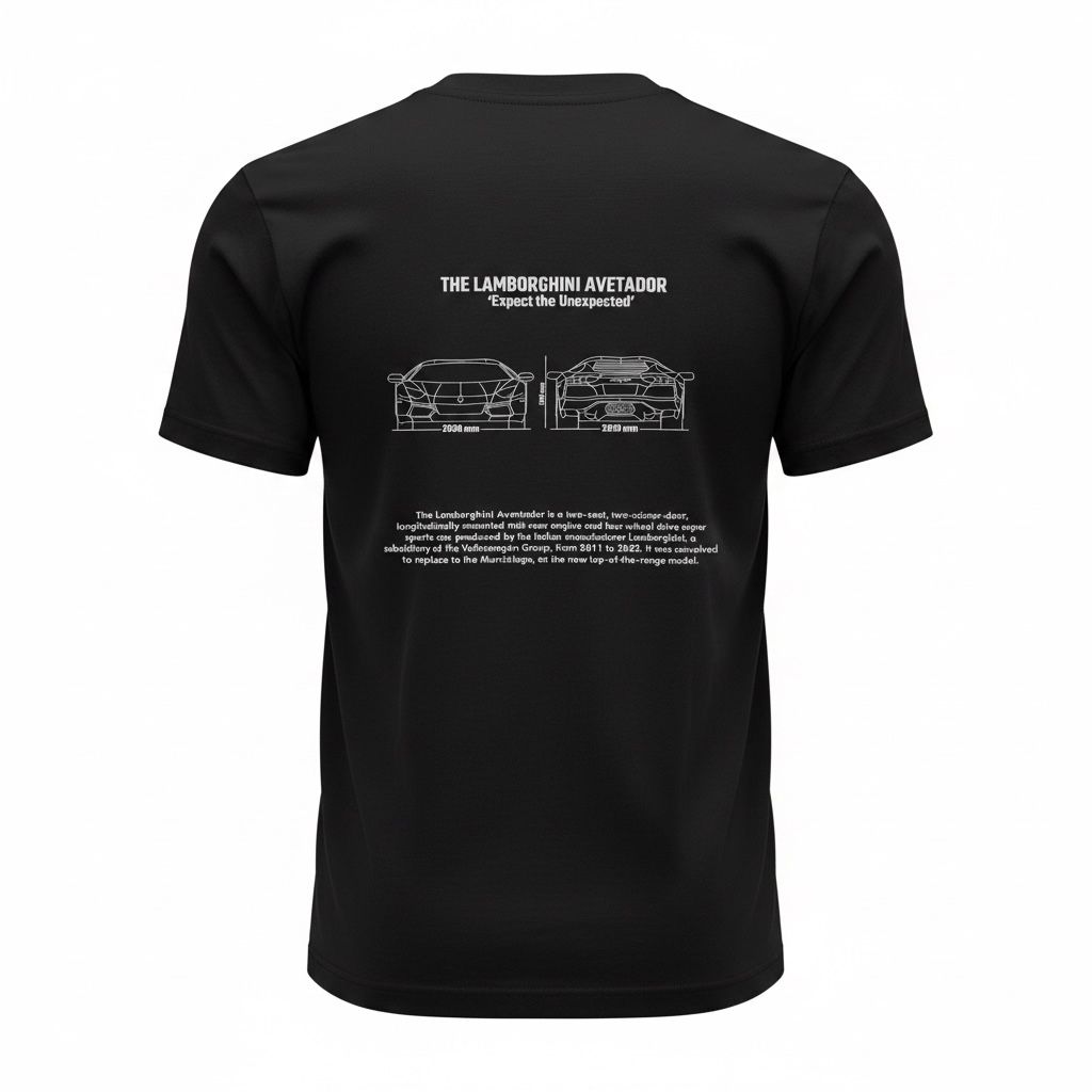 Men's Black Lamborghini Blueprint Back Print Round Neck Half Sleeve Cotton Blend Casual T-Shirt