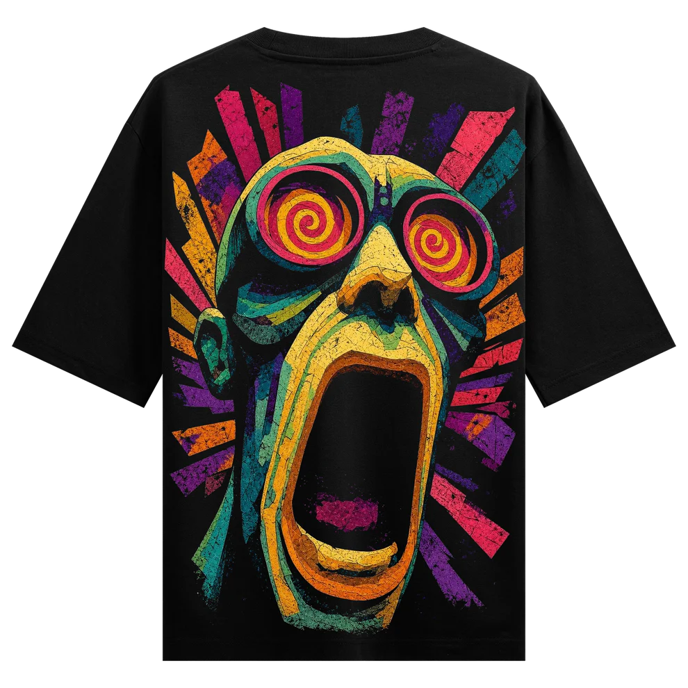 WANKY Men's Black Oversized Abstract Face Graphic Back Print T-Shirt | Round Neck Half Sleeve Cotton Blend Casual Tee