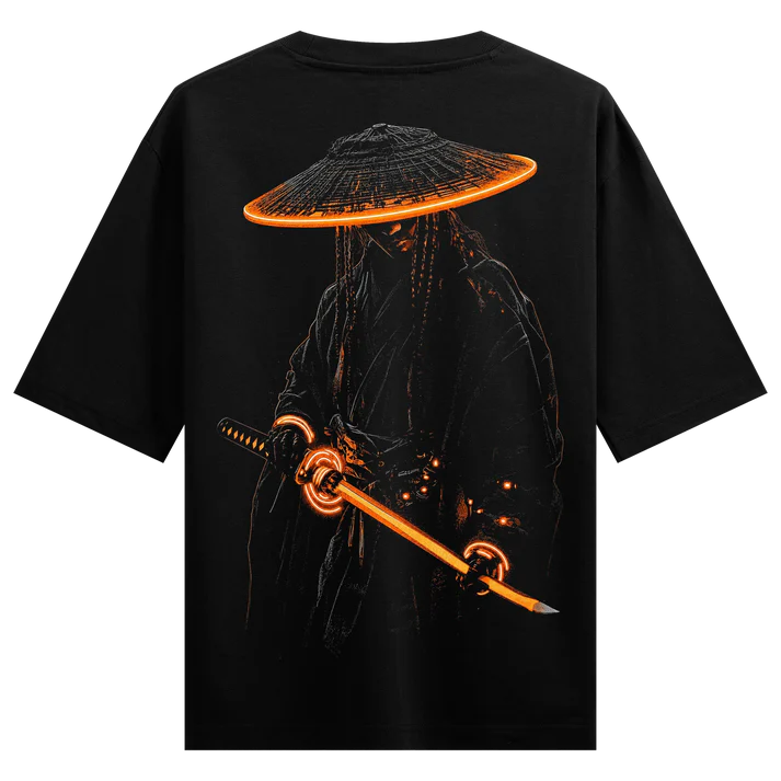 WANKY Shadow Samurai Neon Katana Oversized Black Graphic T-Shirt for Men