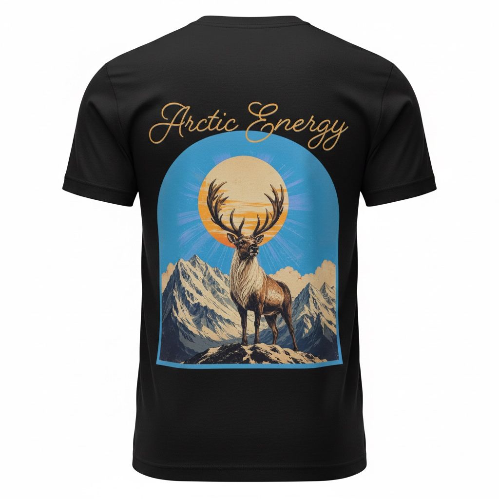 WANKY Men's Black Arctic Energy Deer Graphic Printed Oversized T-Shirt