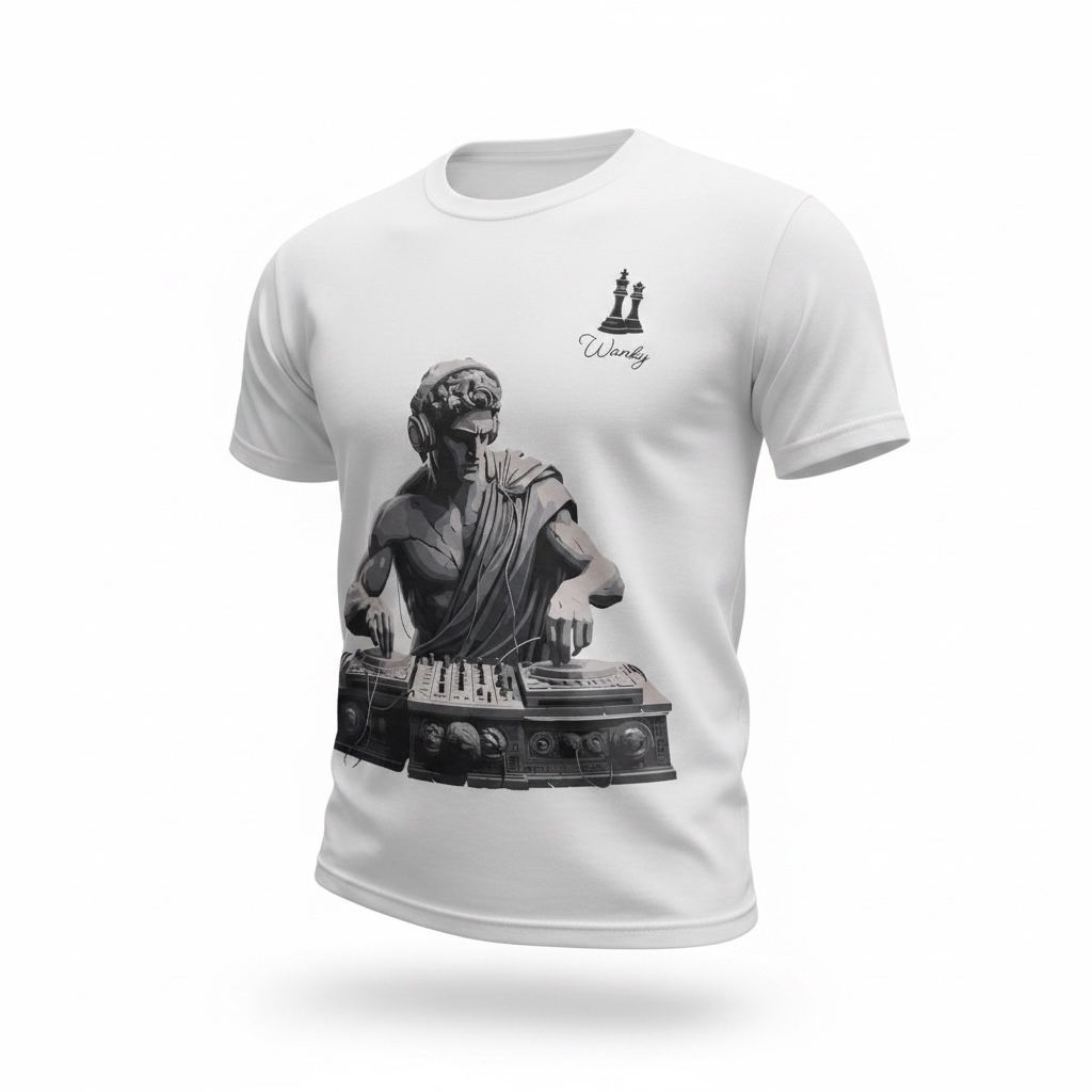 WANKY Men's White DJ Statue Printed Round Neck Half Sleeve Regular Fit T-Shirt