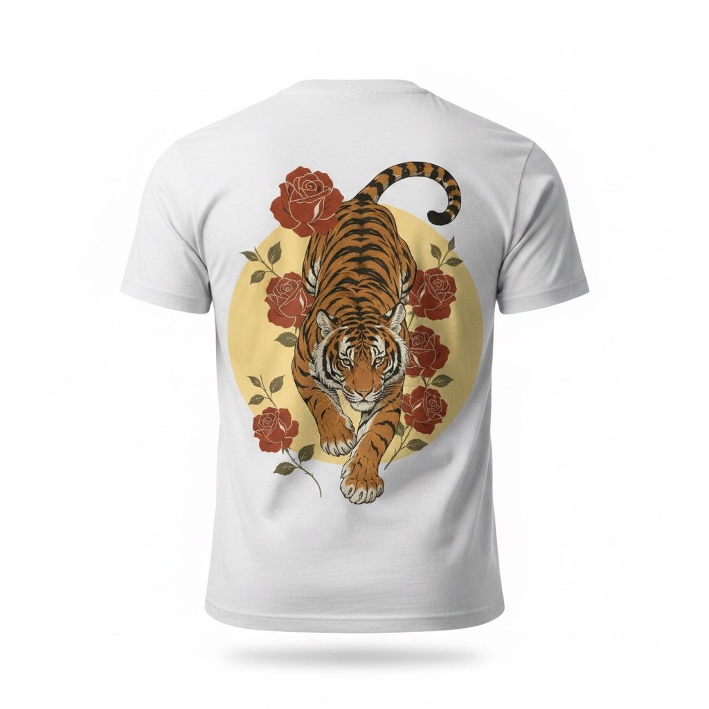 Men's White Tiger & Rose Back Print Round Neck Half Sleeve Cotton Blend Casual T-Shirt