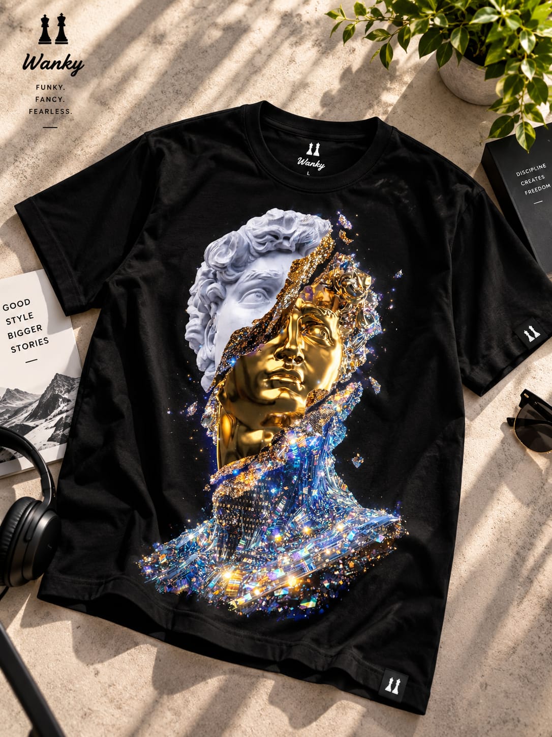 Wanky Men’s Black Gold & Silver Statue Graphic Oversized T-Shirt