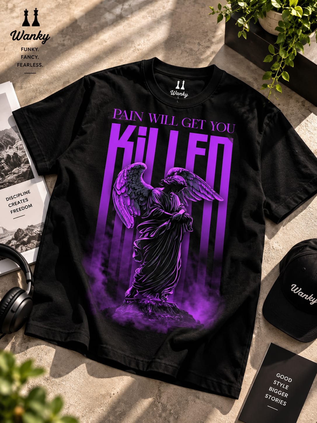 Wanky Men’s Black Fallen Angel Purple Graphic Oversized T-Shirt