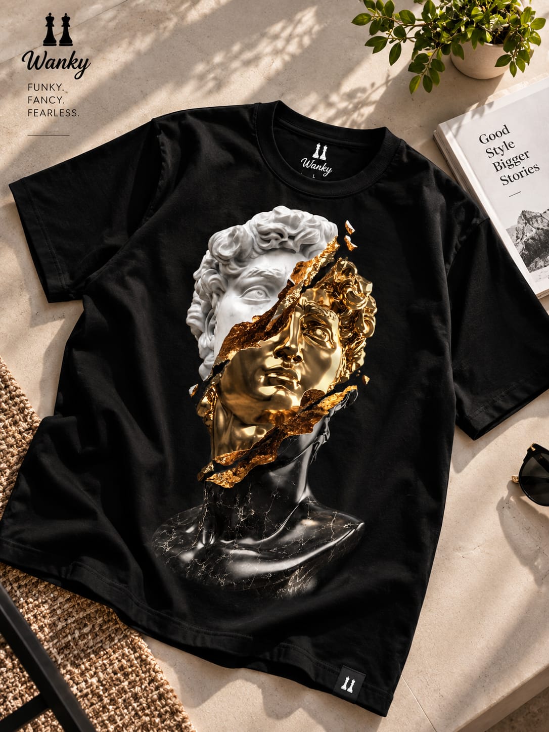 Wanky Men’s Black Greek Statue Gold Graphic Oversized T-Shirt