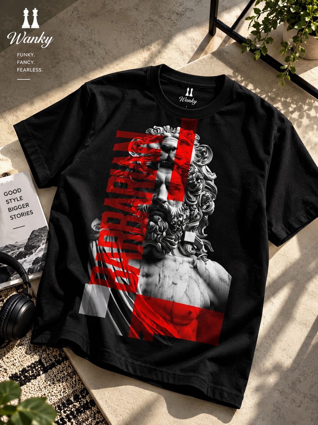 Wanky Men’s Black Roman Statue Red Graphic Oversized T-Shirt