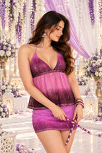 Women’s Pink and Purple Ombre Halter Neck Peplum Top with Mini Skirt Set