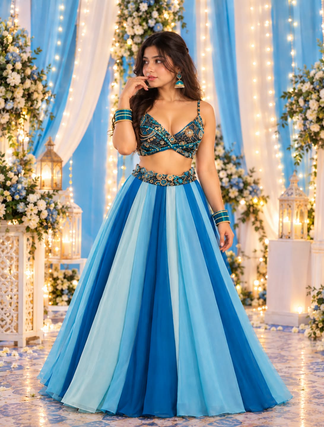 Women’s Blue Ombre Panelled Lehenga Choli Set with Printed Blouse