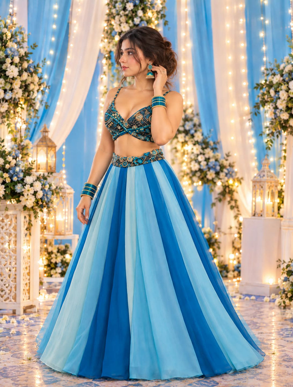Women’s Blue Ombre Panelled Lehenga Choli Set with Printed Blouse