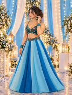 Women’s Blue Ombre Panelled Lehenga Choli Set with Printed Blouse
