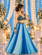 Women’s Blue Ombre Panelled Lehenga Choli Set with Printed Blouse
