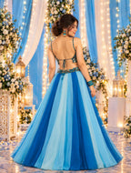 Women’s Blue Ombre Panelled Lehenga Choli Set with Printed Blouse