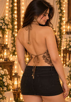 Women’s Beige Embroidered Halter Neck Lace Top with Floral Sequin Detailing