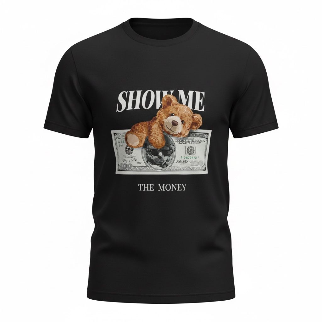 Men's Black Show Me The Money Teddy Graphic Printed Round Neck Half Sleeve Cotton Blend Casual T-Shirt