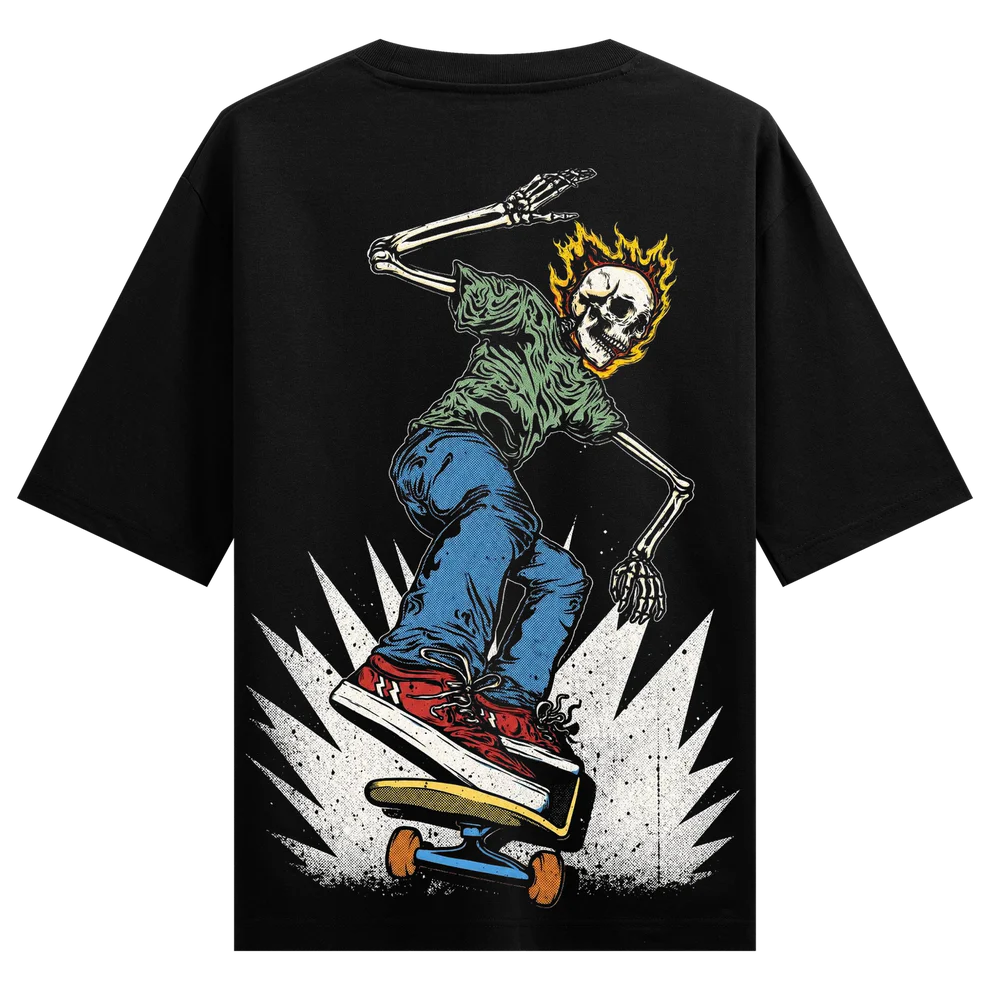WANKY Men's Black Oversized Skull Skateboard Graphic Back Print T-Shirt | Round Neck Half Sleeve Cotton Blend Casual Tee