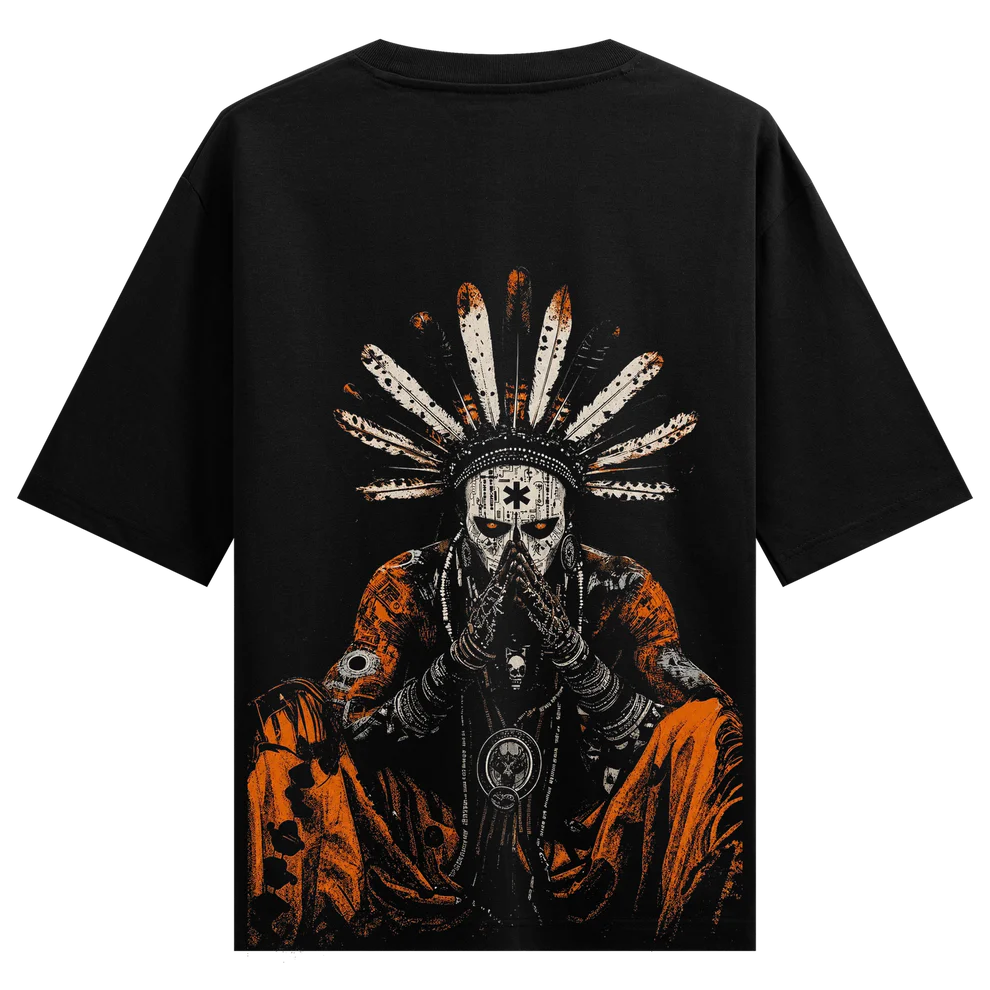 WANKY Men's Black Oversized Tribal Skull Graphic Back Print T-Shirt | Round Neck Half Sleeve Cotton Blend Casual Streetwear Tee