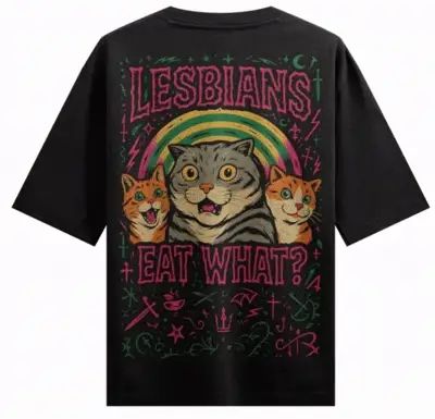 Lesbians Eat What? Funny Cat Graphic Oversized T-Shirt – Black