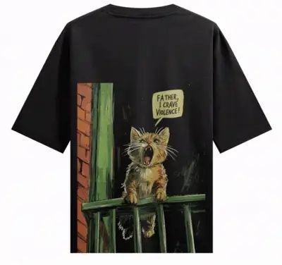 Father, I Crave Violence Cat Graphic Oversized T-Shirt – Black