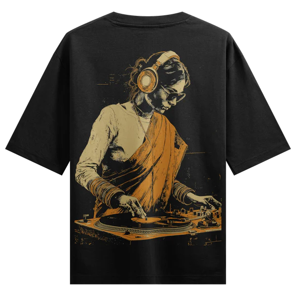 DJ Girl in Saree Graphic Oversized T-Shirt – Black